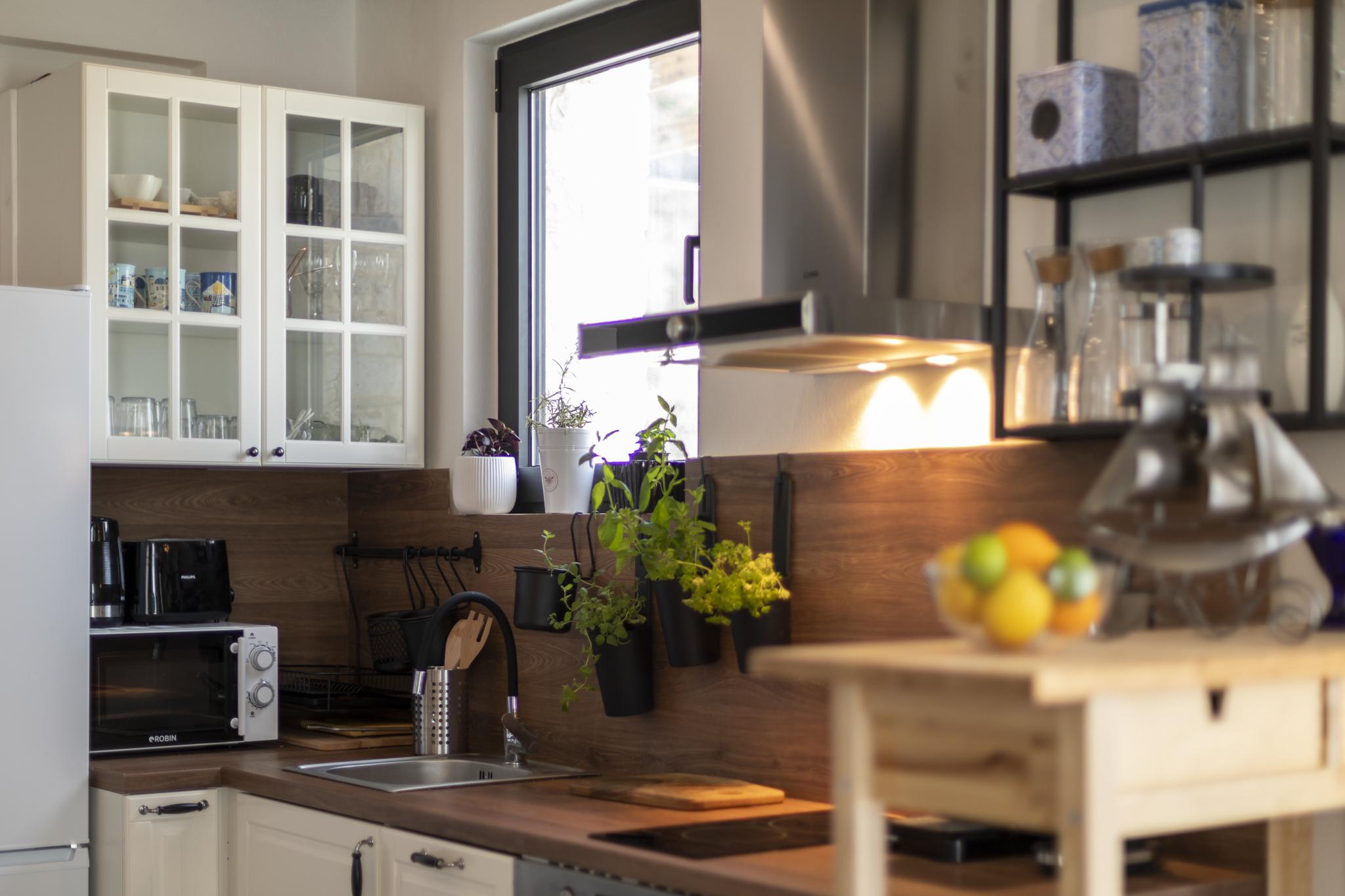 Fully equipped luxury villa kitchen in Skiathos Greece for preparing meals with fresh local ingredients